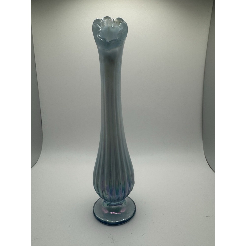 FENTON GLASS 1997 MISTY BLUE SATIN BUD VASE, FABERGE, 7.5" TALL